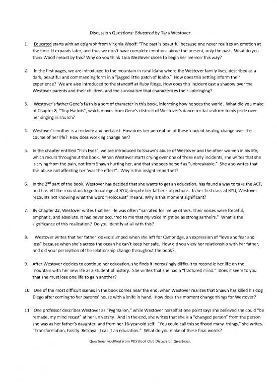 picture Educated Pdf 112203 | Discussion Questions Educated