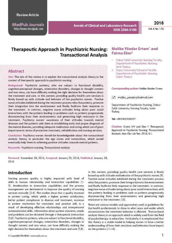 Therapeutic Approach In Psychiatric Nursing Transactional Analysis