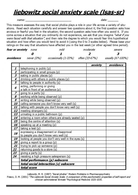 picture Liebowitz Social Anxiety Scale Pdf 117509 | Social Anxiety, Assessment Lsas Sr