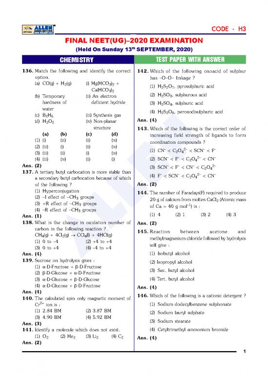 Allen Neet 2020 Chemistry Paper With Answer Key