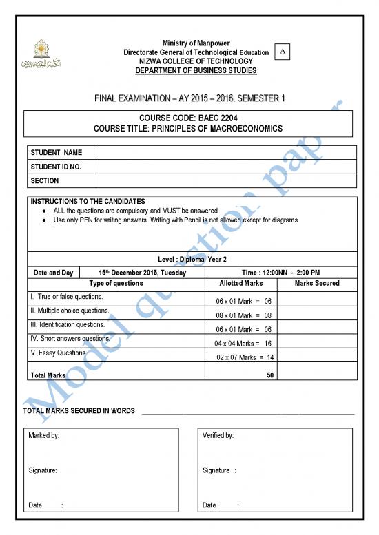 picture General Studies Pdf 120846 | Model Final Exam   Principles Of Macroeconomics