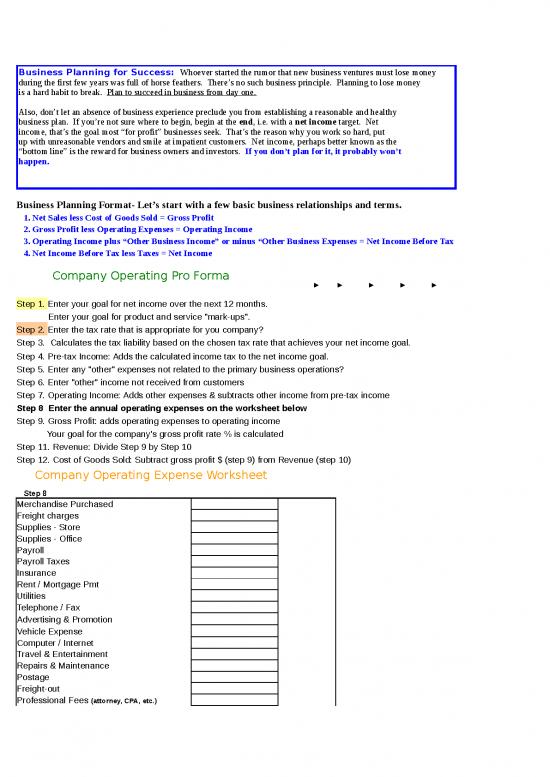 picture Business Spread Sheet 11267 | Company Pro Forma Tool | Sample Application