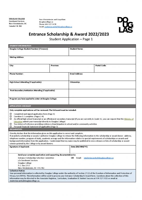 Douglas College Printable Application Form