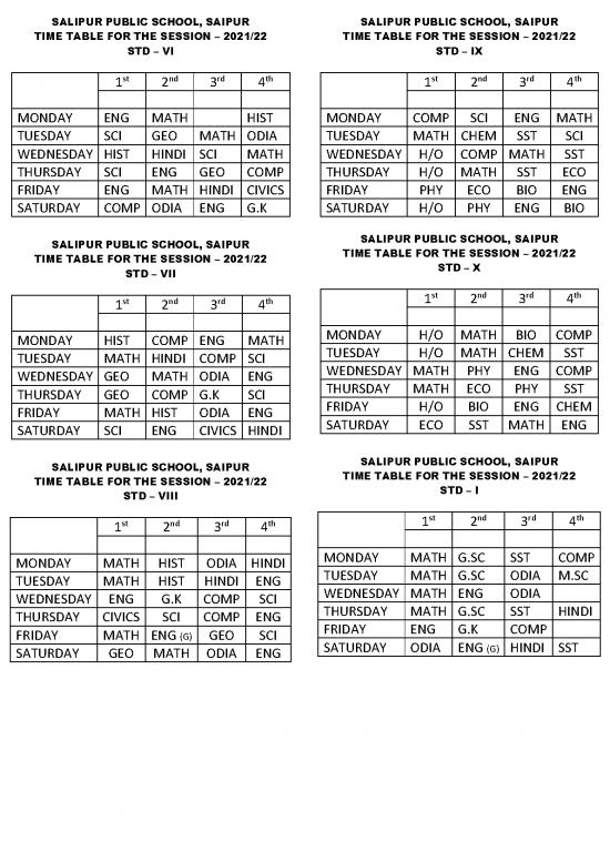 Class time table