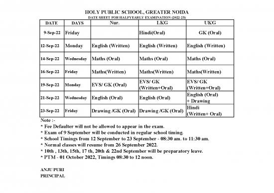 picture1_Hps Gn Halfyearly Datesheet Nur To Xii2022 23