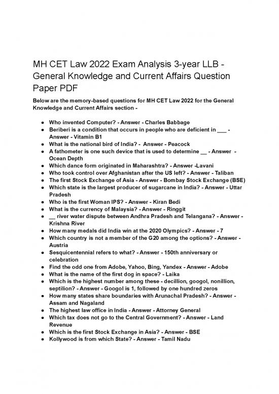 picture1_General Knowledge Pdf 122858 | Mh Cet Law 2022 Exam Analysis 3 Year Llb General Knowledge And Current Affairs Question Paper Pdf