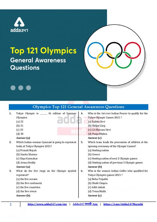 picture General Awareness 2021 Pdf 124174 | Top 121 Olympics General Awareness Questions English