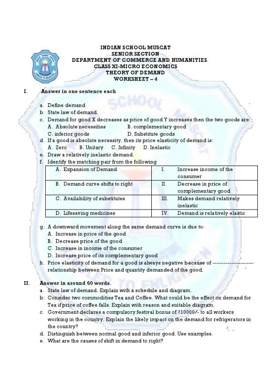picture_2020 2021 Class Xi Microeconomics Unit Ii Consumers Behaviour And Demand Worksheet No 4 Theory Of Demand