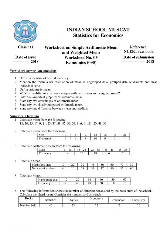 picture_The Economics Book Pdf 127830 | Class Xi Statitsics For Economics Arithmetic Mean  Worksheet 5 2018 19