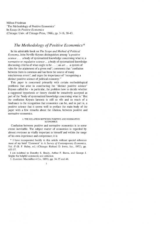 Milton Friedman Pdf 127981 | Friedman The Methology Of Positive Economics