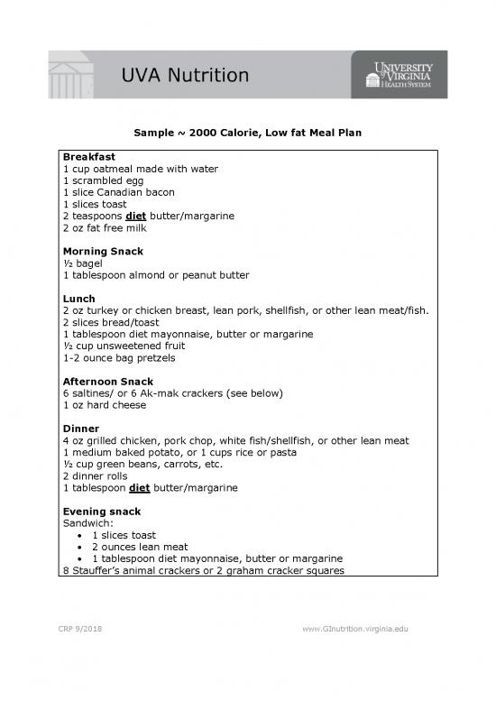 picture Diet Therapy Pdf 132084 | Sample 2000 Calorie Lower Fat Plan With Header