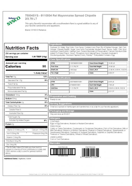 picture Nutrition Pdf 131176 | Supc 8110934 Mayonnaise Chipotle Spread And Dip 75004sxs
