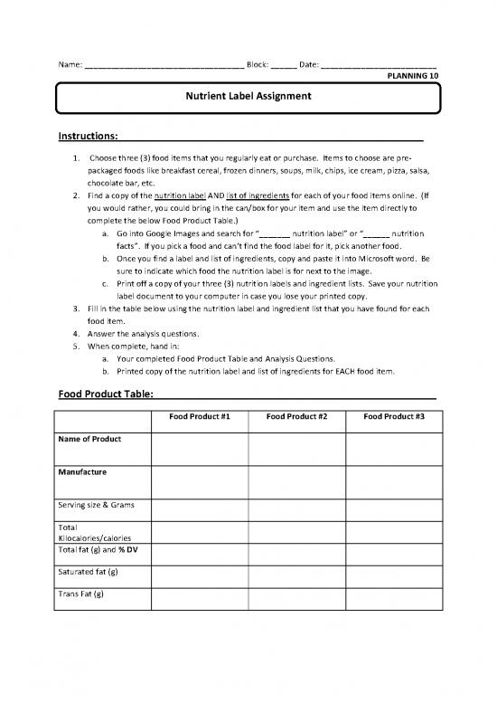 picture Nutrition Facts Pdf 135086 | Nutrient Label Assignment