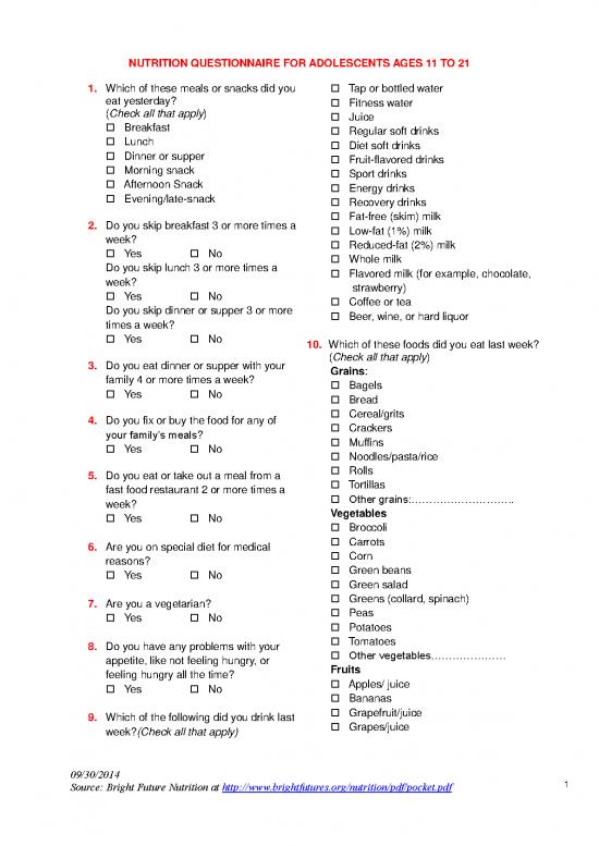 picture_Diet Questionnaire Pdf 137139 | Nutrition Questionnaire For Adolescents Ages 11 To 21