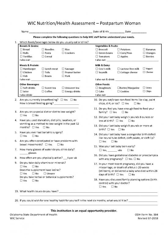 picture Postpartum Nutrition Pdf 140105 | Wic Nutrition Health Assessment Postpartum Woman Odh No 384 10 01 10doc