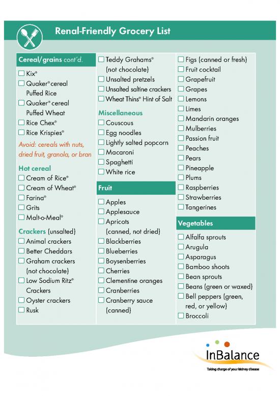Renal Friendly Grocery List