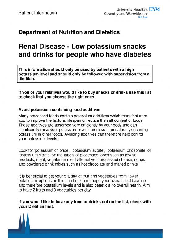 picture Foods High In Potassium List Pdf 144158 | Renal Disease   Low Potassium Snacks And Drinks For People Who Have Diabetes