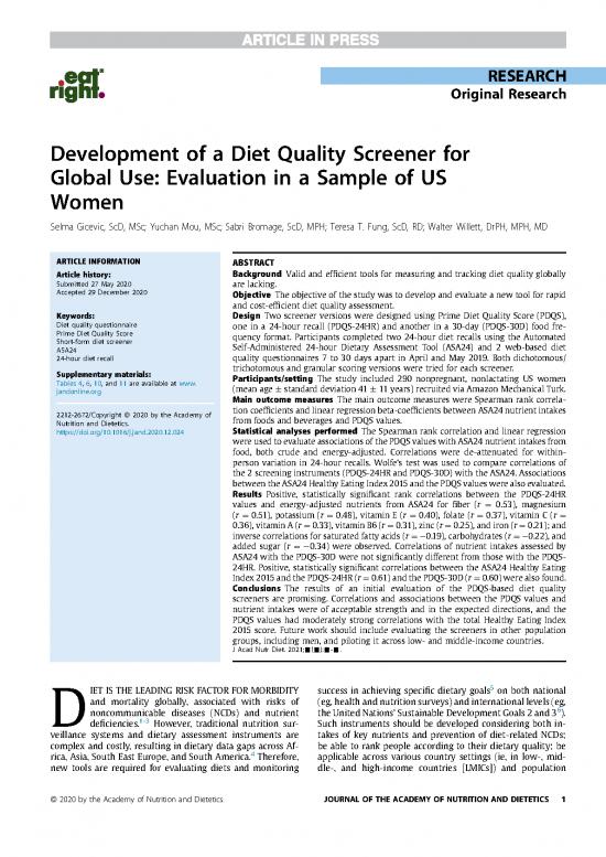 picture Diet Questionnaire Pdf 147438 | Gicevic 2021   Development Of A Diet Quality Screener For Global Use   Evaluation In A Sample Of Us Women