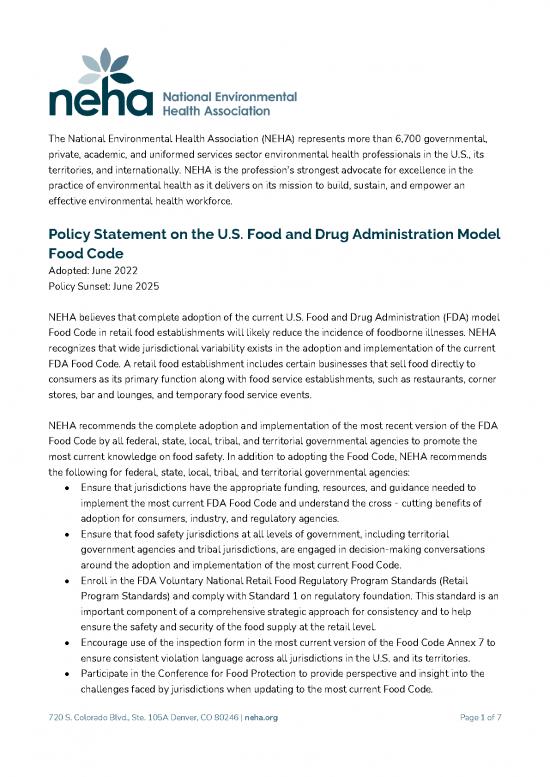 2022 Fda Model Food Code Position