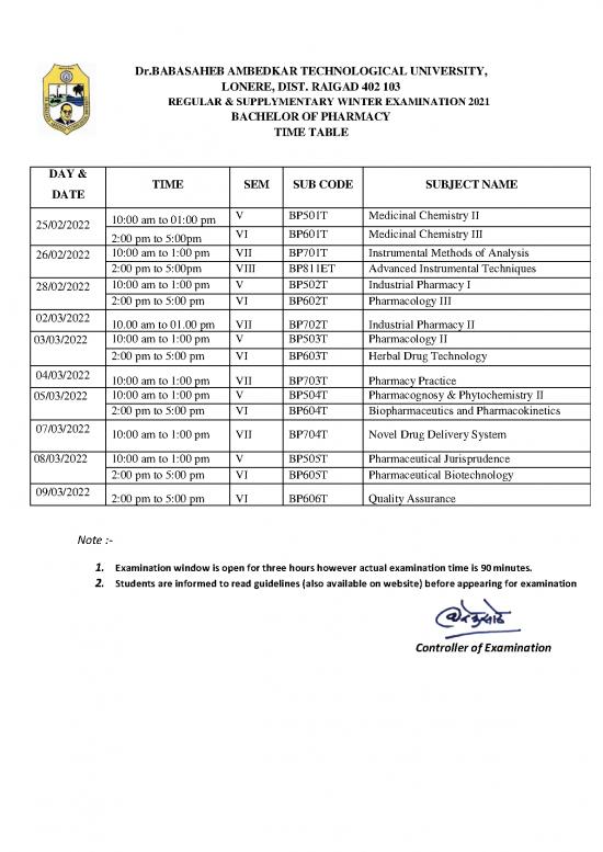 picture Pharmacy Pdf 153461 | B Pharmacy Winter Exam Time Table 21 22 Final