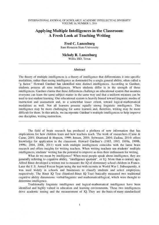 picture Classroom Pdf 156746 | Lunenburg, Fred C Applying Multiple Intelligences Ijsaid V16 N1 2014