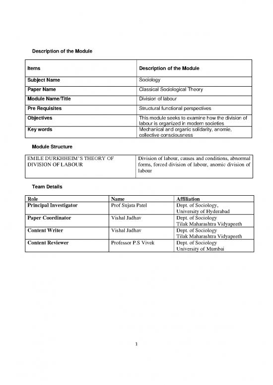 Emile Durkheim Division Of Labour Pdf 159626 | Description Of The Module