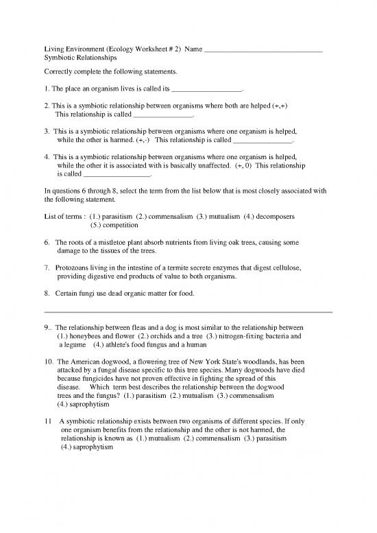 Ecology Symbiosis Worksheet Ecology Symbiosis Worksheet