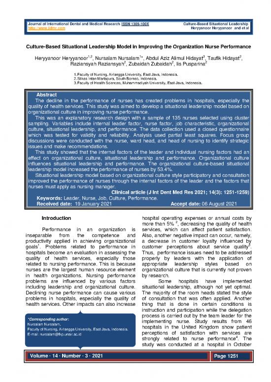 picture Leadership Pdf 163978 | 62  2265 Culture Based Situational Leadership Model In Improving The Organization Nurse Performance Herrynoor 28 Juli Rev