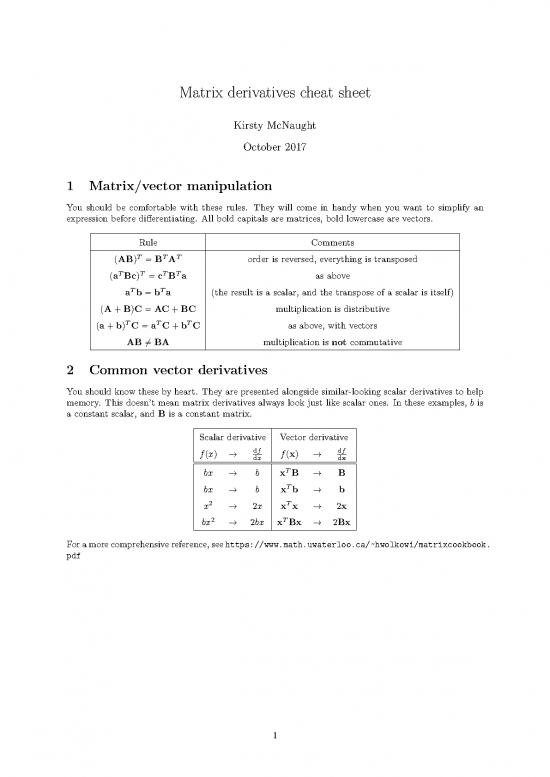 picture Matrix Pdf 168954 | Matrix Derivatives Cribsheet