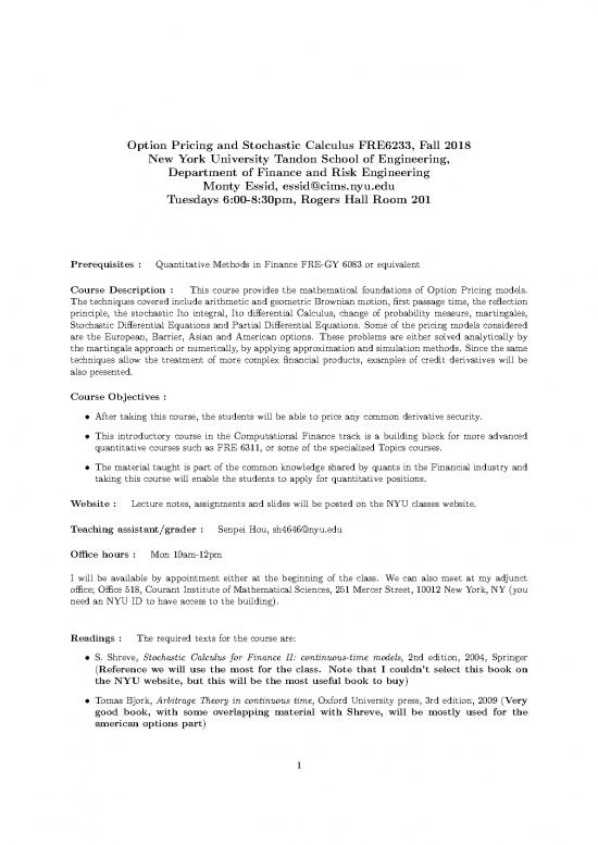 picture Stochastic Calculus For Finance Pdf 170968 | Fre 6233 Essid