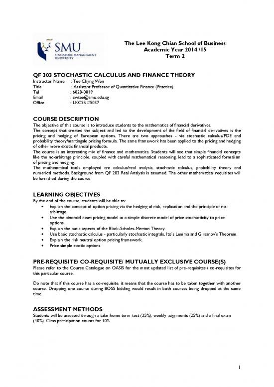 picture Stochastic Calculus For Finance Pdf 171082 | Qf303 Tee Chyng Wen Ay14 15 T2