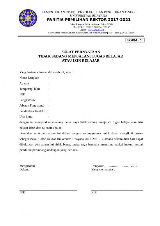 picture Form  Surat Pernyataan Tidak Sedang Menjalani Tugas Belajar Atau Izin Belajar | File - Surat Pernyataan Id 17837