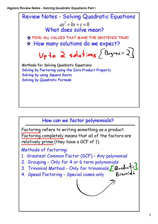 picture1_Solving Quadratic Equations Pdf 178488 | Algebra Review Notes   Solving Quadratic Equations Part I Key