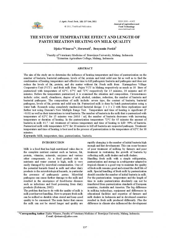 picture Pasteurization Pdf 181284 | Agri Foo Tec, 1(8) 137 144, 2011