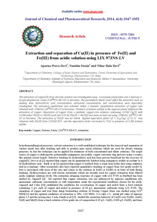 picture Extraction Of Copper Pdf 180941 | Extraction And Separation Of Cuii In Presence Of Feii And Feiii From Acidic Solution Using Lix 973nslv