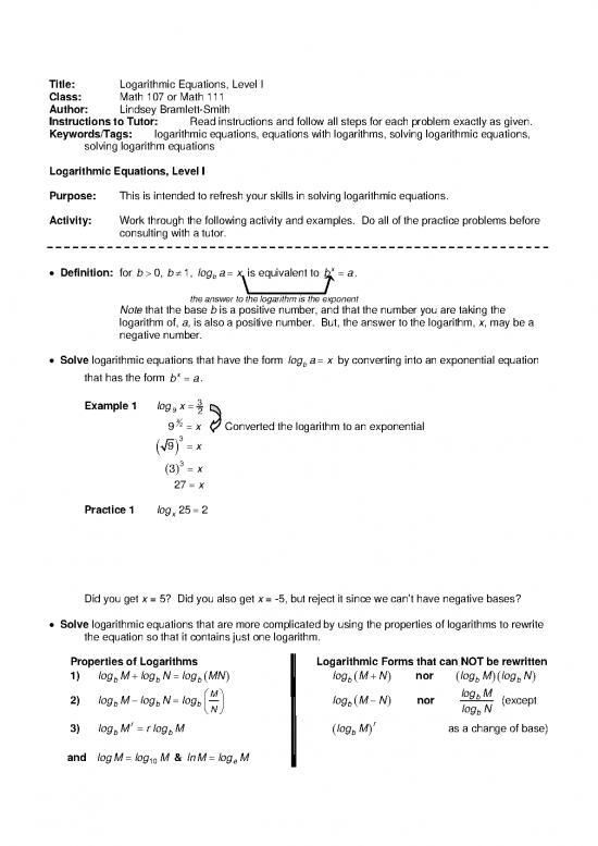 picture1_Solving Equations Pdf 181931 | Logarithmic Equations Level I