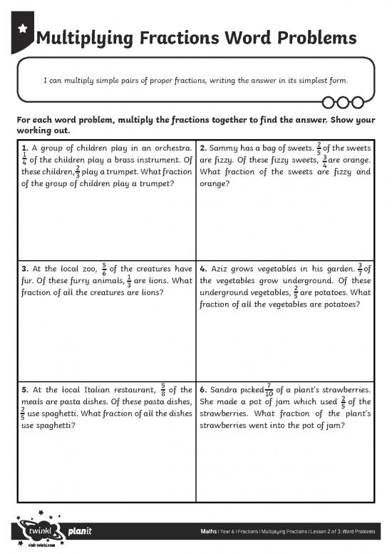 Multiplying Fractions Word Problems Activity Sheet