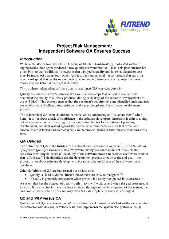 picture Software Development Life Cycle Pdf 180737 | Project Risk Management  Independent Quality Assurance