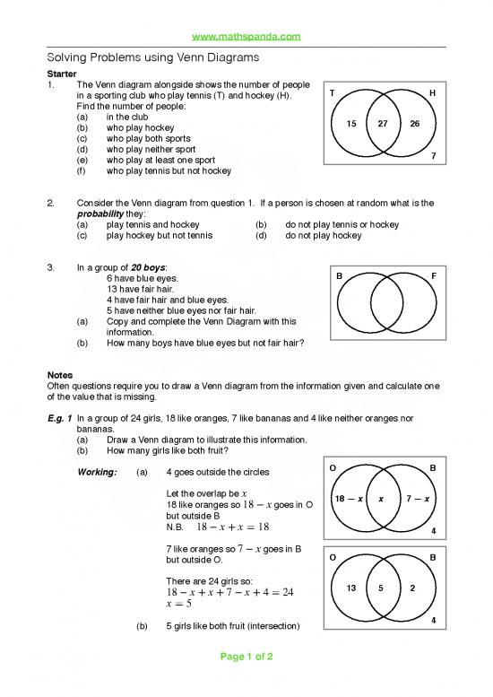 Solving Problems Using Venn Diagrams Worksheets