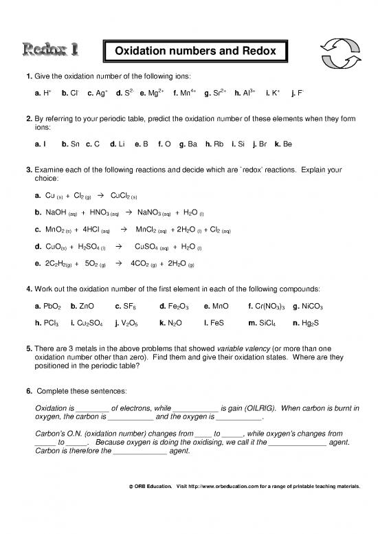 Pdf Printable Periodic Table 194890 | Ws1 Oxidation Numbers With Answers