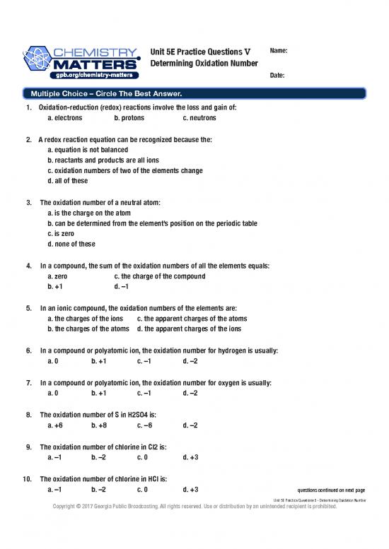 picture Pdf Printable Periodic Table 195662 | Unit 5e Practice Questions 5   Determining Oxidation Number 0