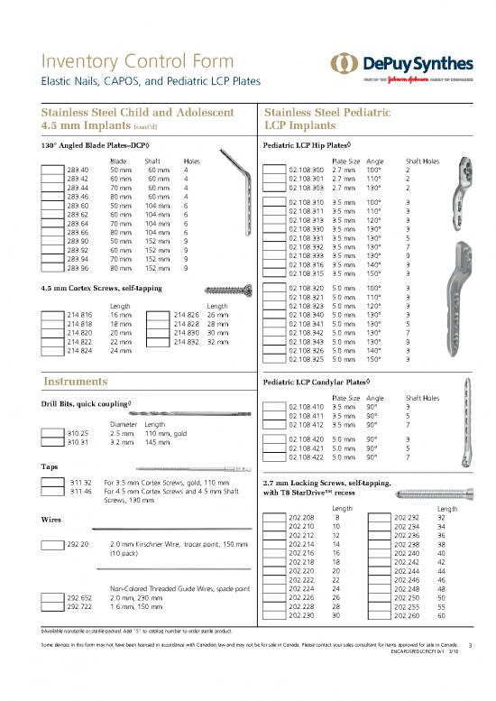 Inventory Control Form Elastic Nail System Titanium