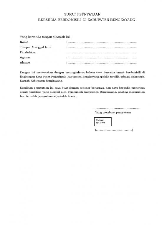 picture File - Surat Pernyataan Id 18725 | Contoh Surat Pernyataan Bersedia Berdomisili Di Kabupaten Bengkayang