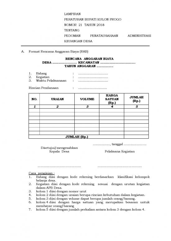 picture File Rab - Rencana Anggaran Biaya Id 20600 | Lampiran Perbup Kulonprogo N21 Tahun 2018 Ttg Pedoman Penatausahaan Administrasi Keuangan Desa