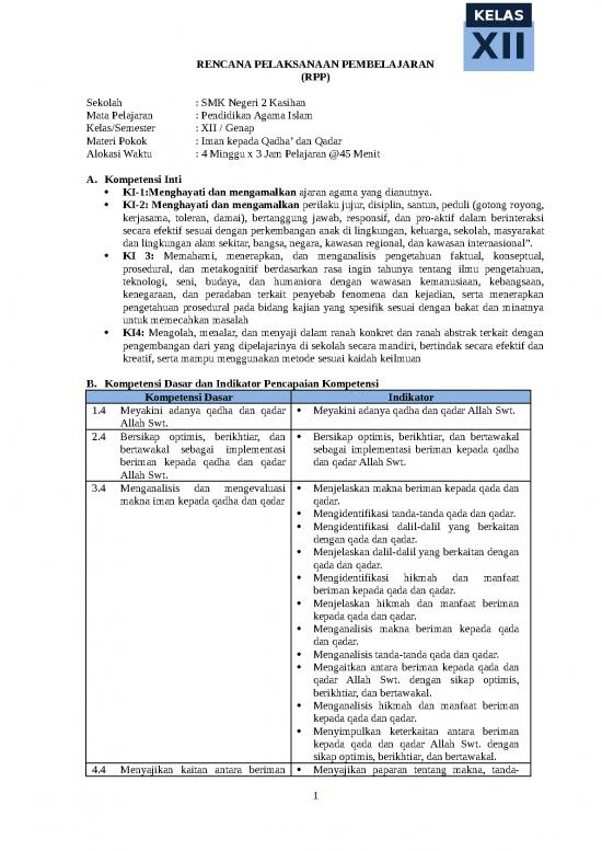picture_Rpp K13 Kelas Xii Genap  Iman Kepada Qadha Dan Qadar
