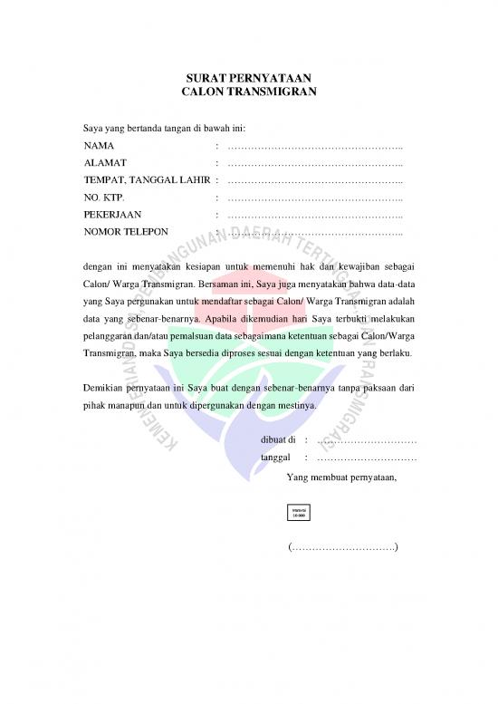 picture File - Surat Pernyataan Id 19374 | Surat Pernyataan Calon Transmigran