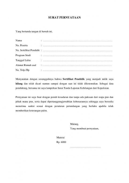 picture File - Surat Pernyataan Id 18722 | Surat Pernyataan Kehilangan Sertifikat Pendidik