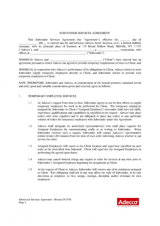 picture Agreement Sample 202279 | 5e7ba464a94d6858be423b47 Subvendor Services Agreement Adecco Template
