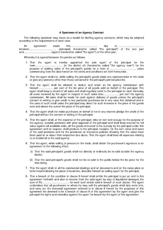 picture Agreement Contract Sample 202966 | A Specimen Of An Agency Contract