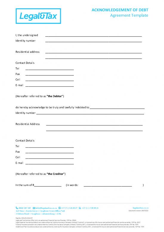 Agreement sample 203156 acknowledgement of debt